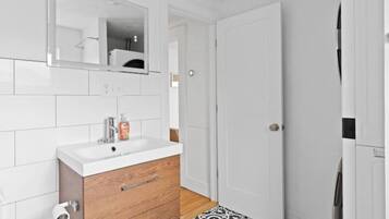Hair dryer, towels, soap, toilet paper
