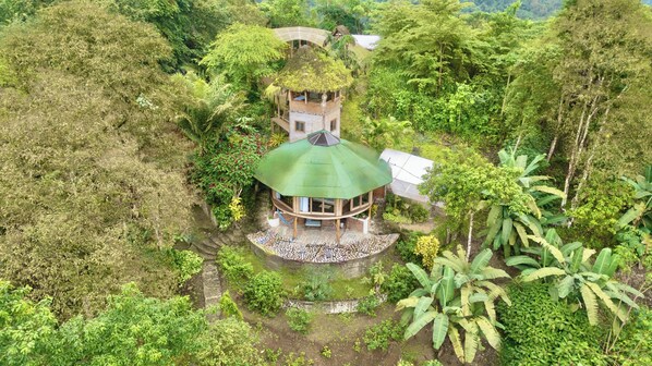 Ein Baumhaus mit einem Reetdach, umgeben von dichtem Grün und einem kleinen Wasserspiel.