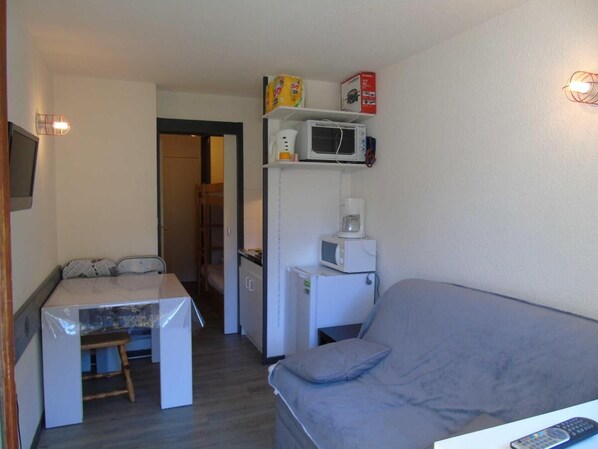 A compact living space with a kitchenette, a dining area, and a sofa.