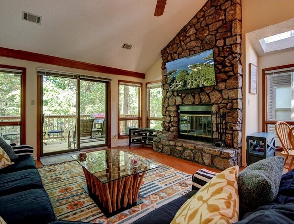 Smart TV, fireplace, DVD player, books