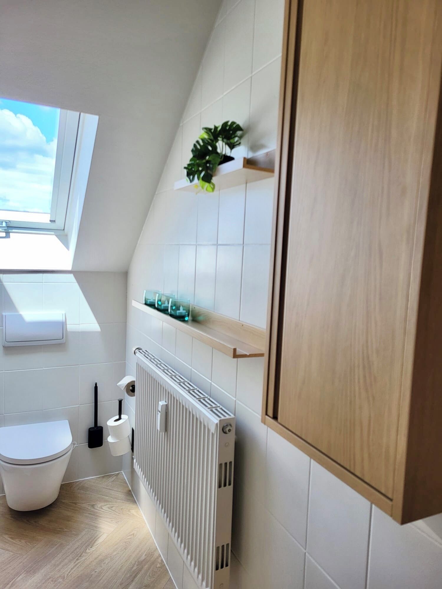 A modern bathroom with a skylight, a radiator, a toilet, and a shelf with a plant.