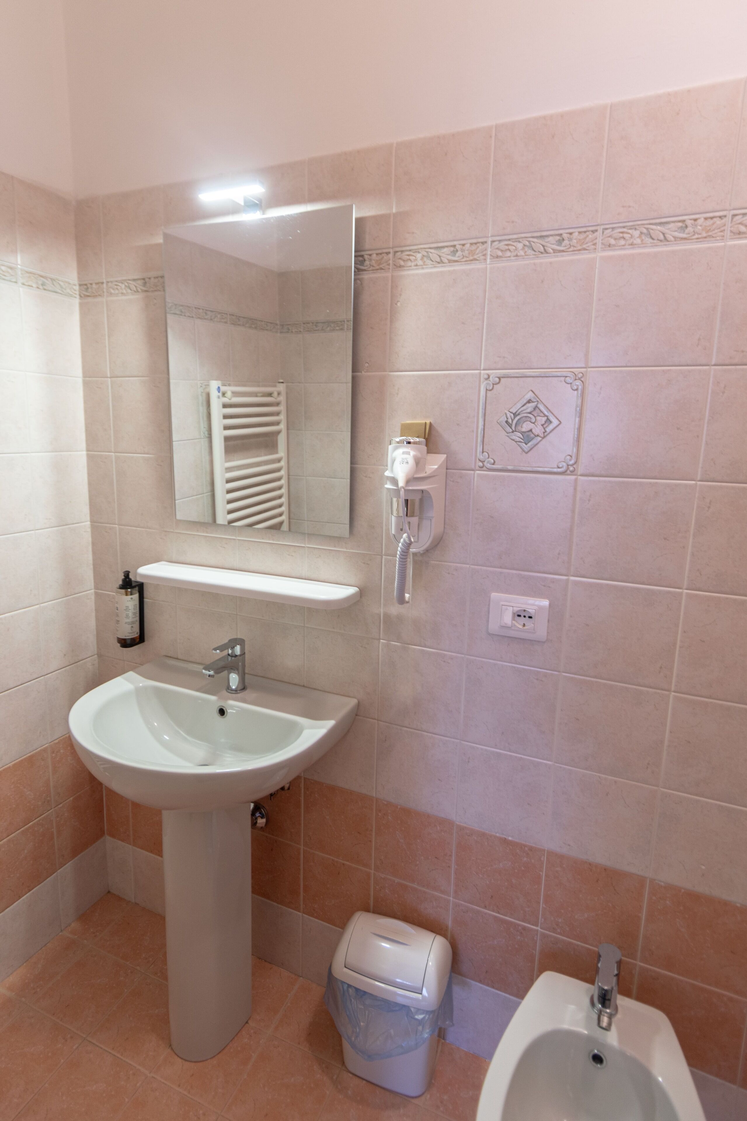 A bathroom with a pedestal sink, a mirror, a towel rack, a bidet, and a trash bin.