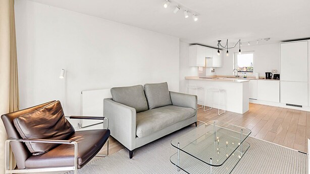 Un salon moderne comprenant un canapé, une table basse en verre et un coin cuisine avec des meubles blancs, ainsi qu’un coin repas.