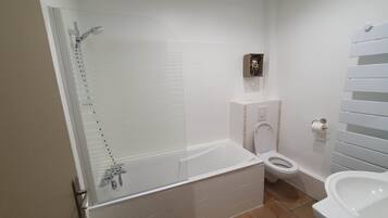 Hair dryer, towels, soap, shampoo
