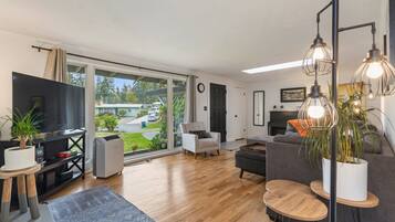 Smart TV, fireplace, books, music library