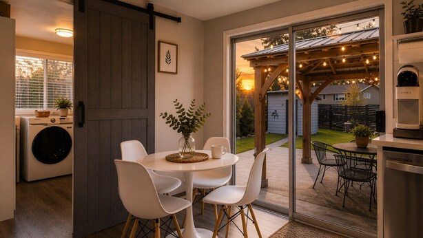 A modern kitchen with a built-in coffee machine, a dining area with a round table and chairs, and a sliding glass door leading to an outdoor patio with string lights.