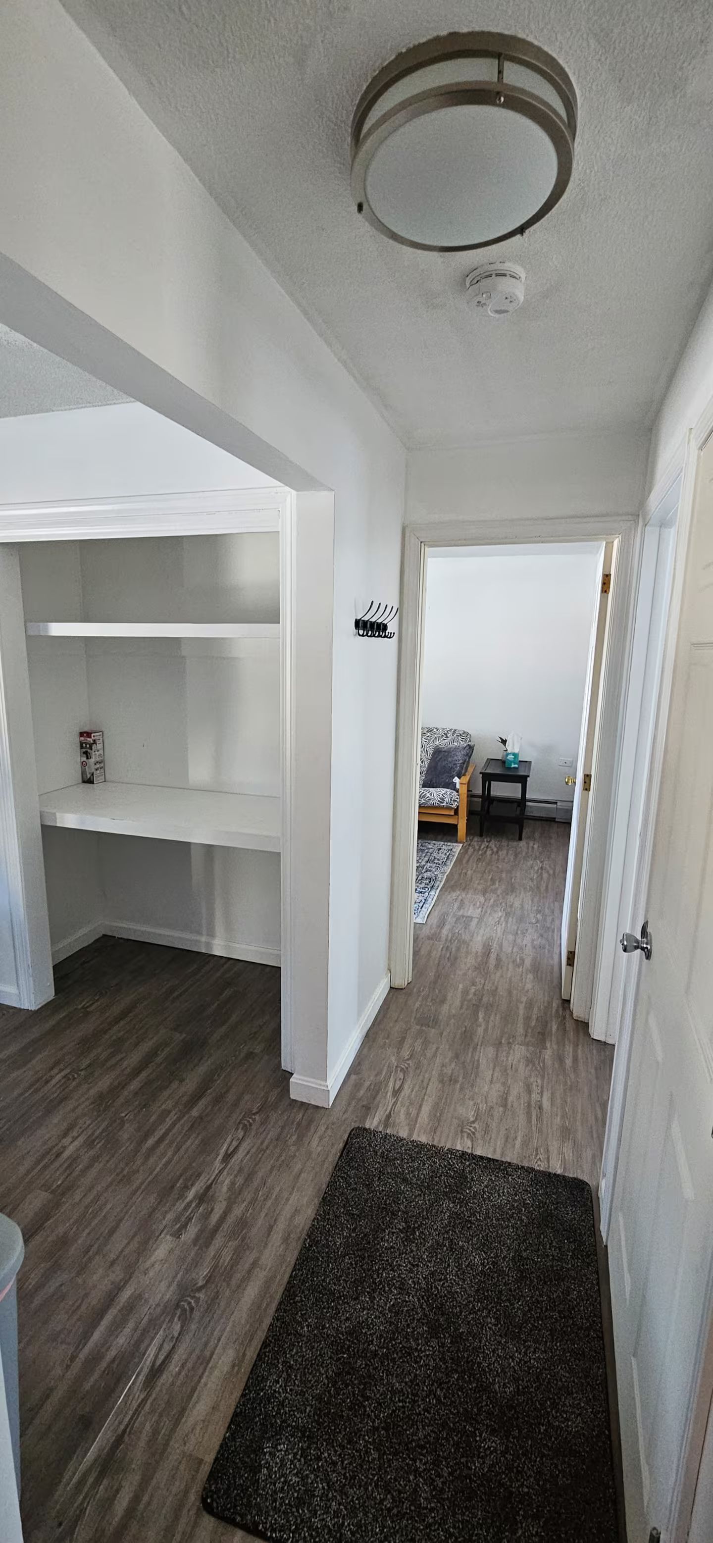 A spacious room with a built-in shelving unit, a dark rug, and a ceiling light fixture.