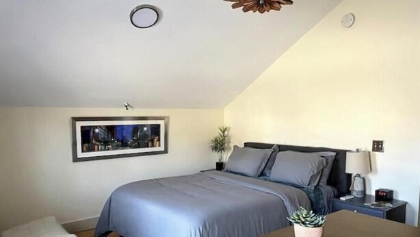 Une chambre à coucher avec un lit, une table de chevet, une lampe et une petite plante en pot.