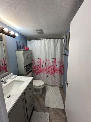 Hair dryer, towels, soap, toilet paper