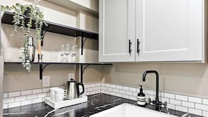 Una cocina con encimera de mármol negro, armarios blancos, un lavabo blanco y una planta colgante.