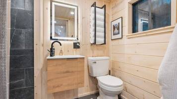 Chuveiro, secador de cabelo, toalhas de banho, shampoo