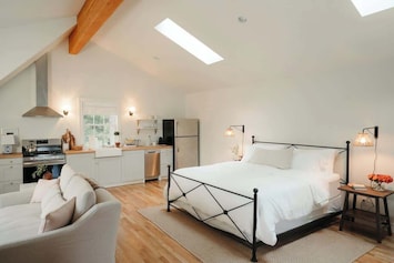 Bright, open studio space with a king bed, pull-out sofa, and skylights for natural light.