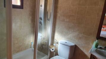 Un baño con ducha acristalada, inodoro y lavamanos.