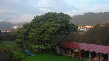 Un paisaje rural con un árbol grande, un edificio de techo rojo y un tobogán azul en un área con césped.