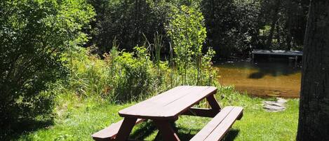 Una mesa de picnic en un área boscosa cerca de un cuerpo de agua.