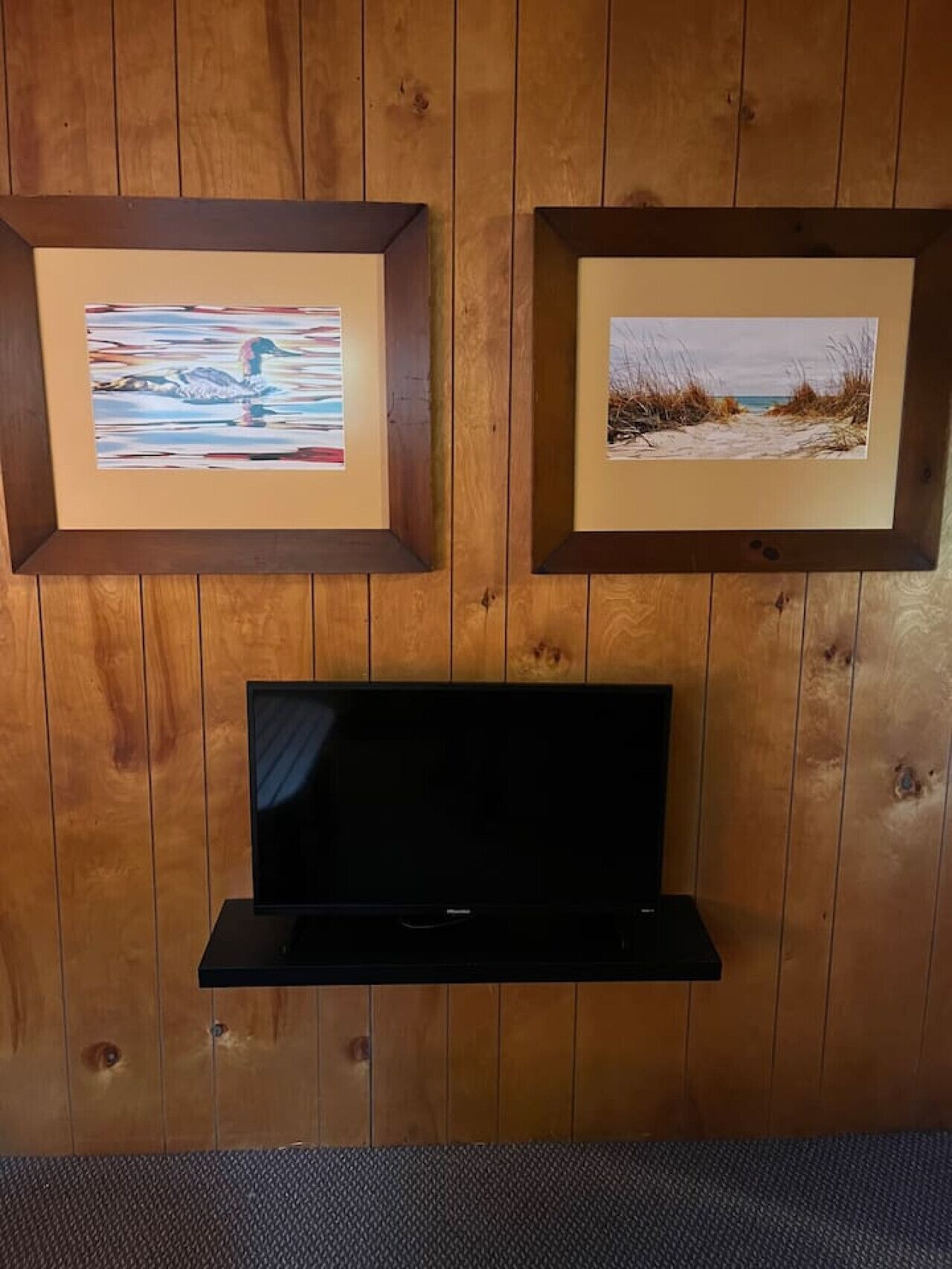 Un mur en bois orné de deux tableaux encadrés et d’un téléviseur à écran plat fixé en dessous.