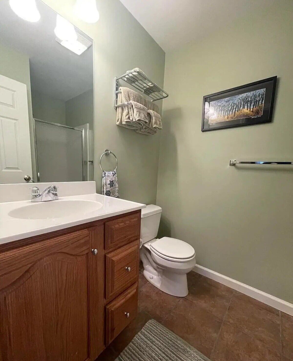 Une salle de bain avec un meuble-lavabo en bois, un lavabo blanc, des toilettes, un porte-serviettes et un tableau encadré au mur.