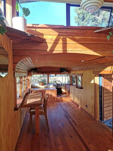 Riverside Bedford Bus with stunning valley views.