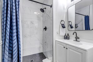 Hair dryer, towels, soap, toilet paper
