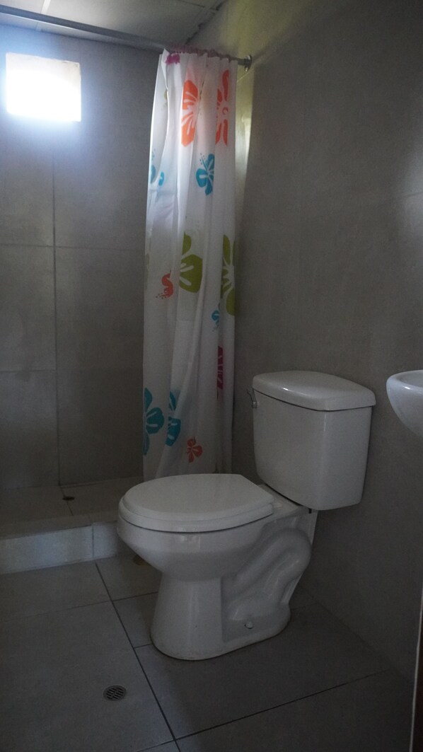 A small bathroom with a toilet and a shower curtain.