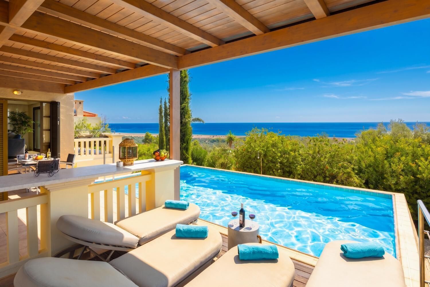 A poolside area with lounge chairs and a view of the ocean.