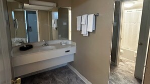 Ein Badezimmer mit zwei Waschbecken, einem großen Spiegel und einer Duschkabine.