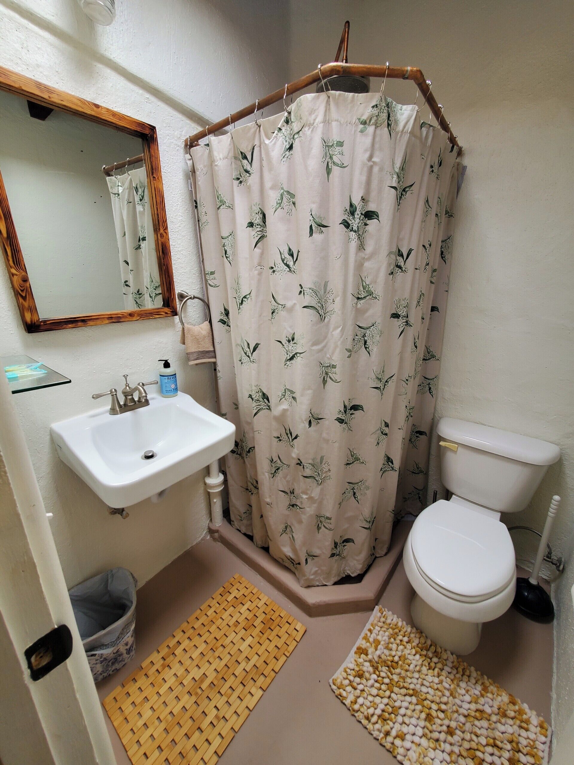 Une salle de bain avec un lavabo blanc, des toilettes, un rideau de douche à motifs floraux, un miroir avec un cadre en bois et un tapis tissé sur le sol.