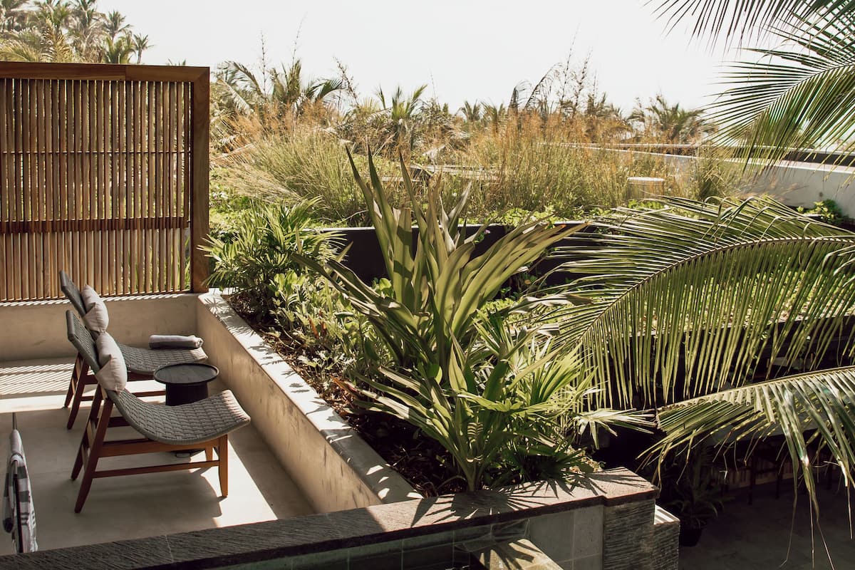 A modern outdoor pool area with a wooden ceiling, seating, and tropical plants.