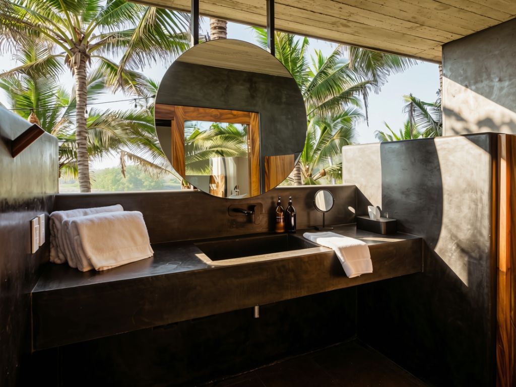A modern bathroom with a large mirror, dark wood vanity, and a view of palm trees.