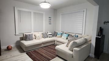 Smart TV, fireplace, books, stereo