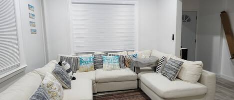 Smart TV, lareira, livros, aparelho de som