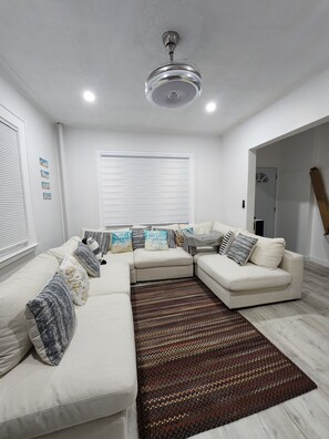 Smart TV, chimenea, libros, estéreo