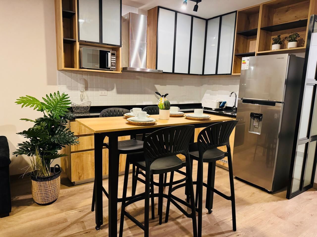 Deluxe Apartment, City View | Private kitchen | Full-sized fridge, microwave, oven, stovetop