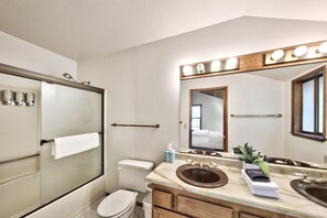 Hair dryer, towels, soap, shampoo