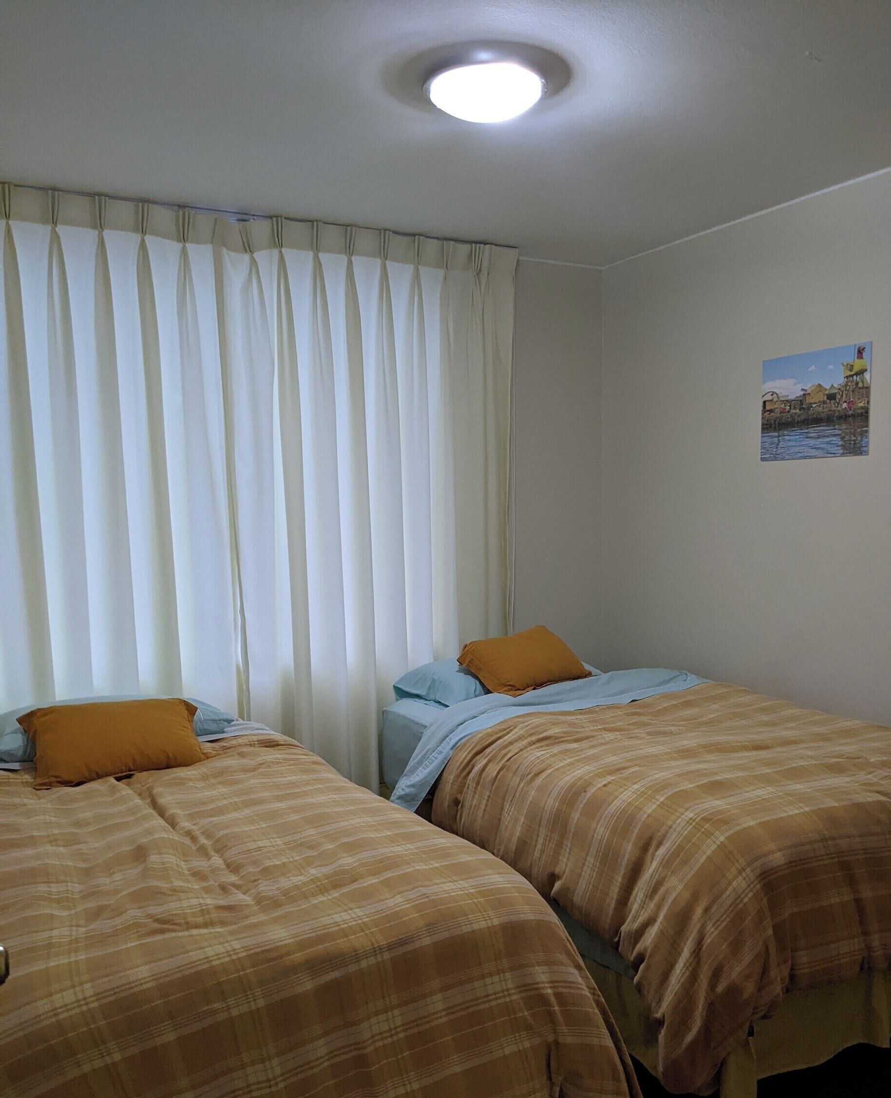 A room with two beds, each with a different color bedspread, and a window with white curtains.
