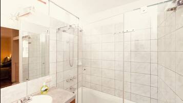 Shower, towels, soap, shampoo