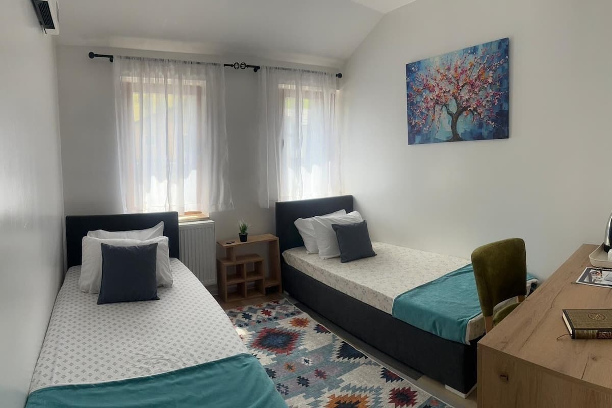 Quarto com duas camas de solteiro, uma escrivaninha, uma cadeira, um radiador e um quadro na parede.
