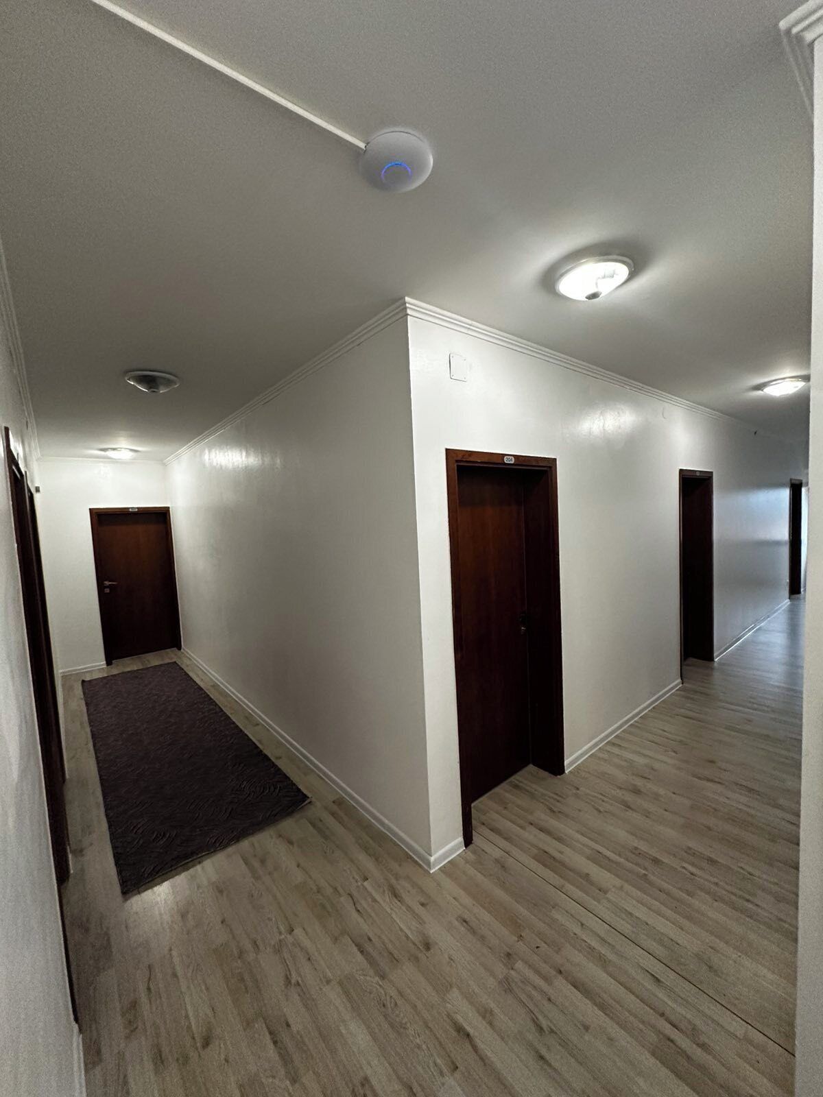 A hallway with wooden flooring, white walls, and several dark wooden doors.