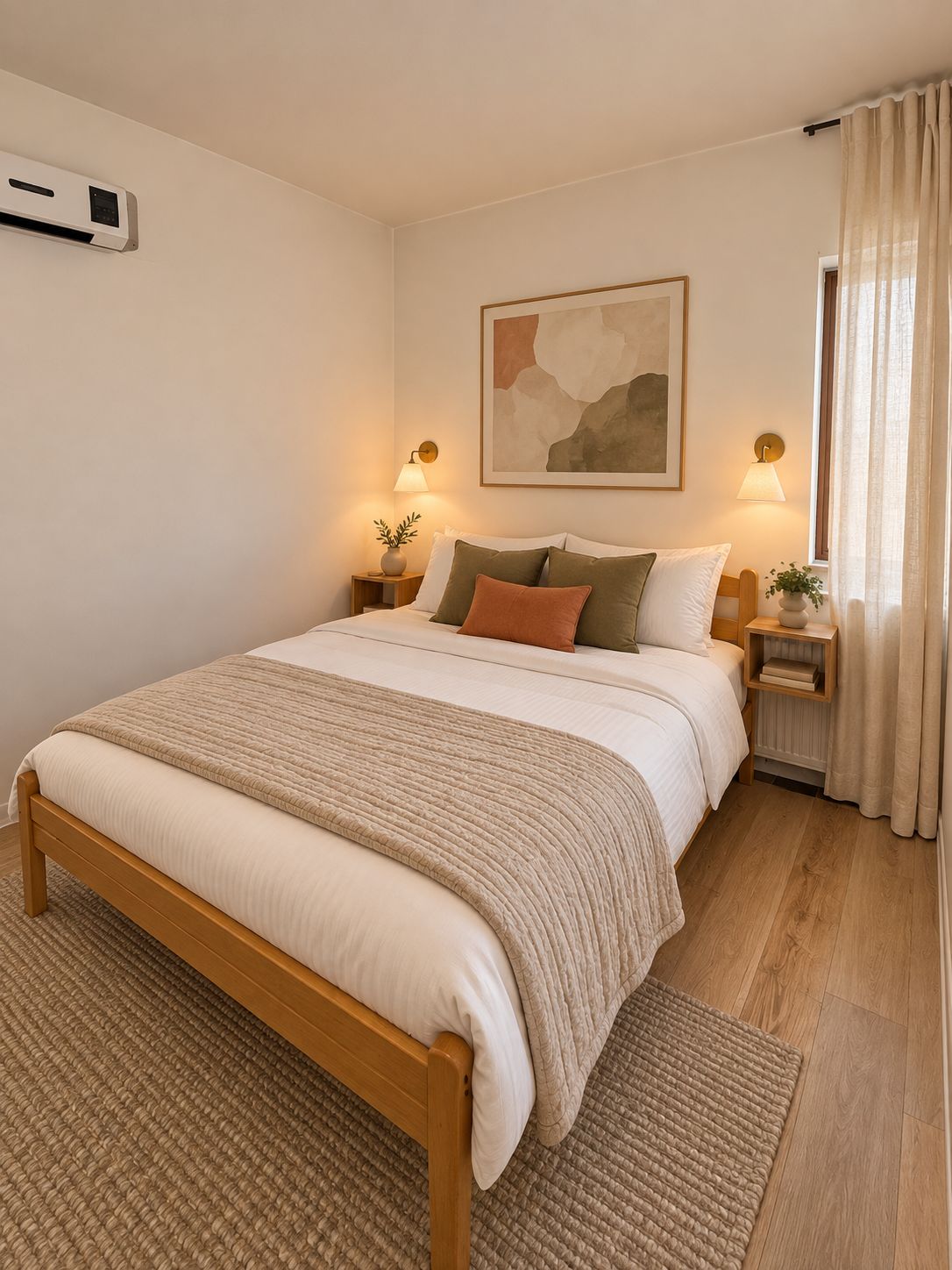 Une chambre à coucher comprenant un lit, des tables de chevet, un climatiseur fixé au mur, un tableau et une fenêtre avec des rideaux.