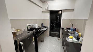 Fridge, microwave, stovetop, electric kettle