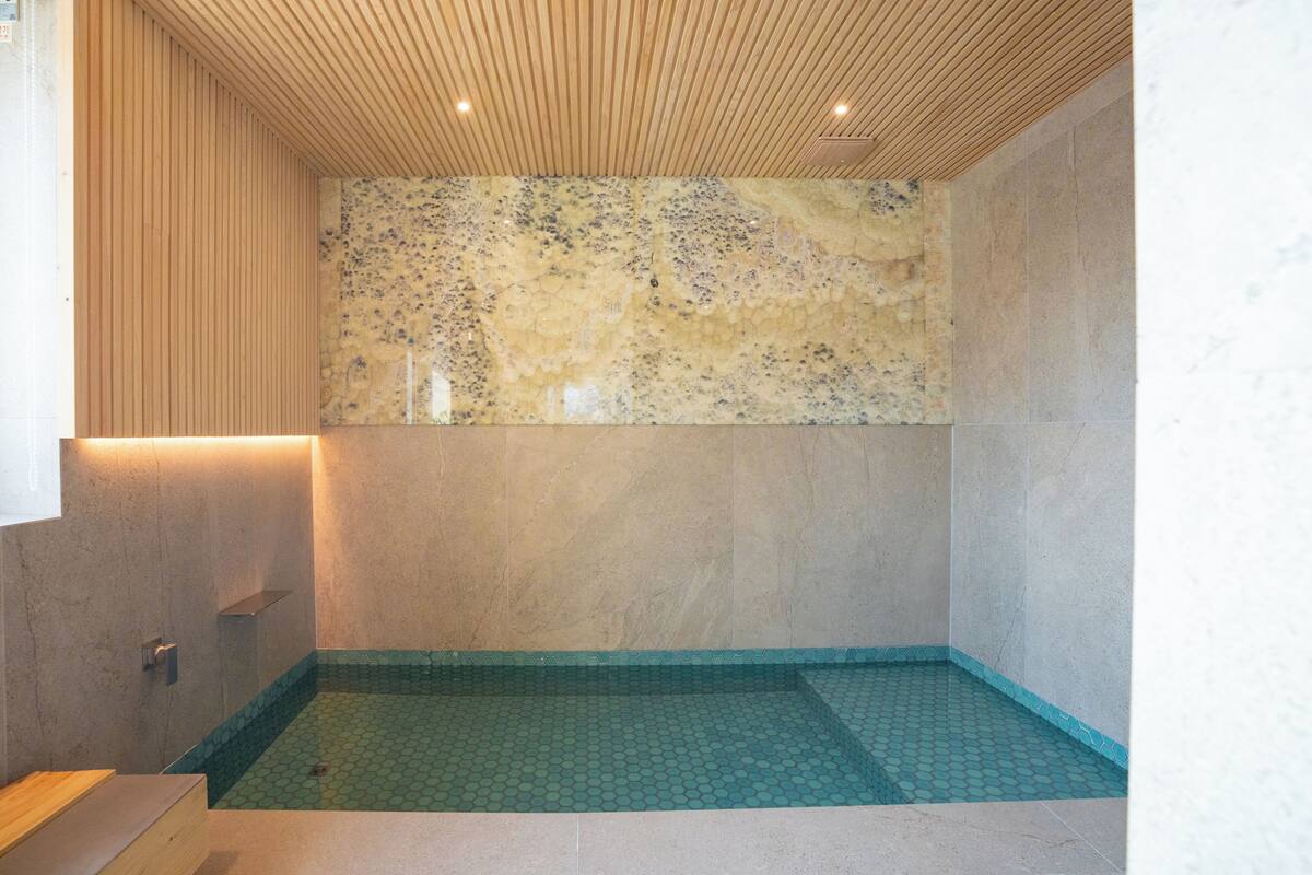 Een aparte badkuip en douche, een haardroger, handdoeken, shampoo