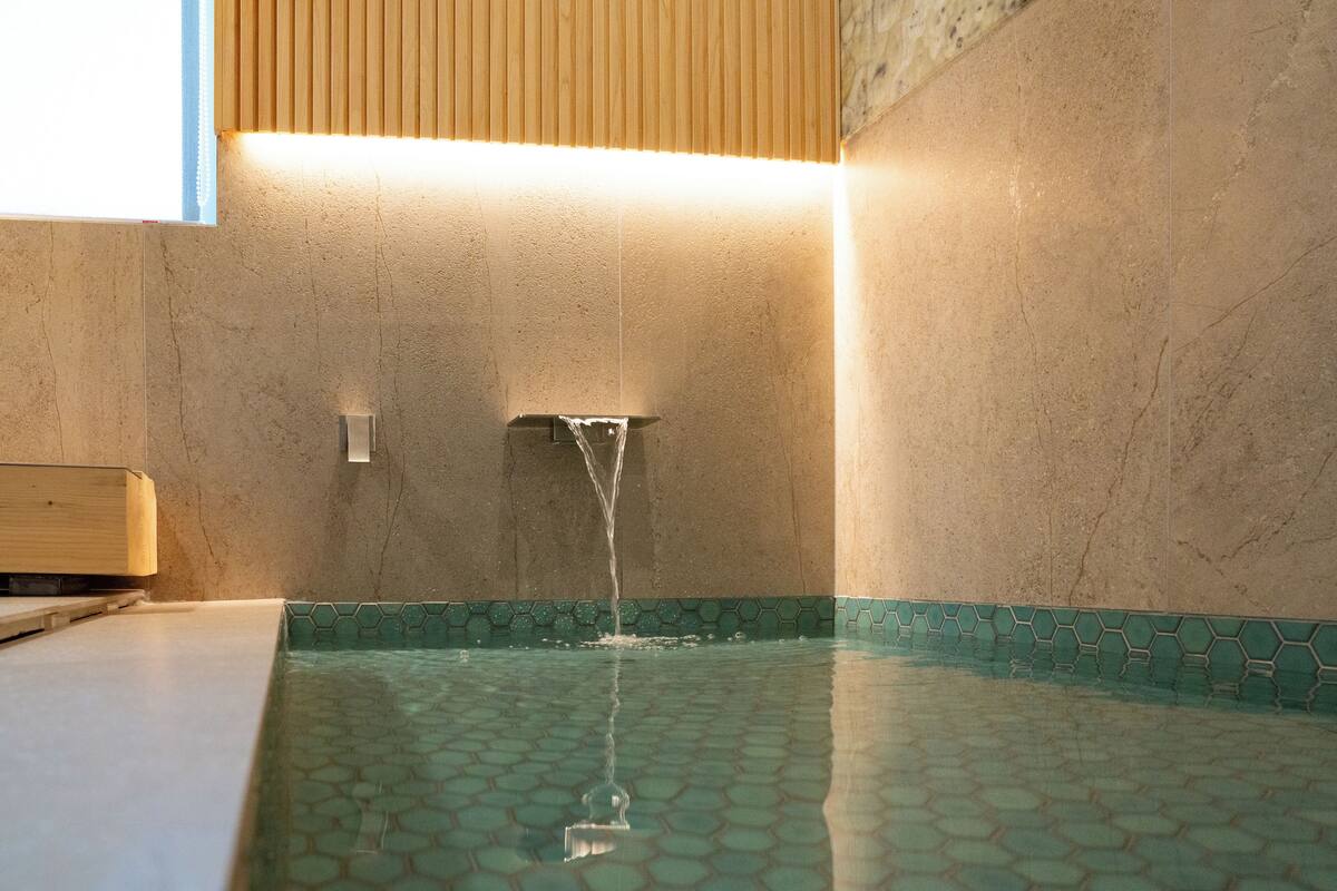 Een aparte badkuip en douche, een haardroger, handdoeken, shampoo