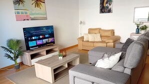 A modern living room with a flat-screen TV, a grey sofa, a wooden coffee table, and a small plant.