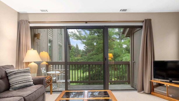 Un salon moderne comprenant un canapé, une table basse avec un plateau en verre, un téléviseur posé sur un meuble en bois et une porte-fenêtre coulissante donnant sur un balcon avec vue sur les arbres.