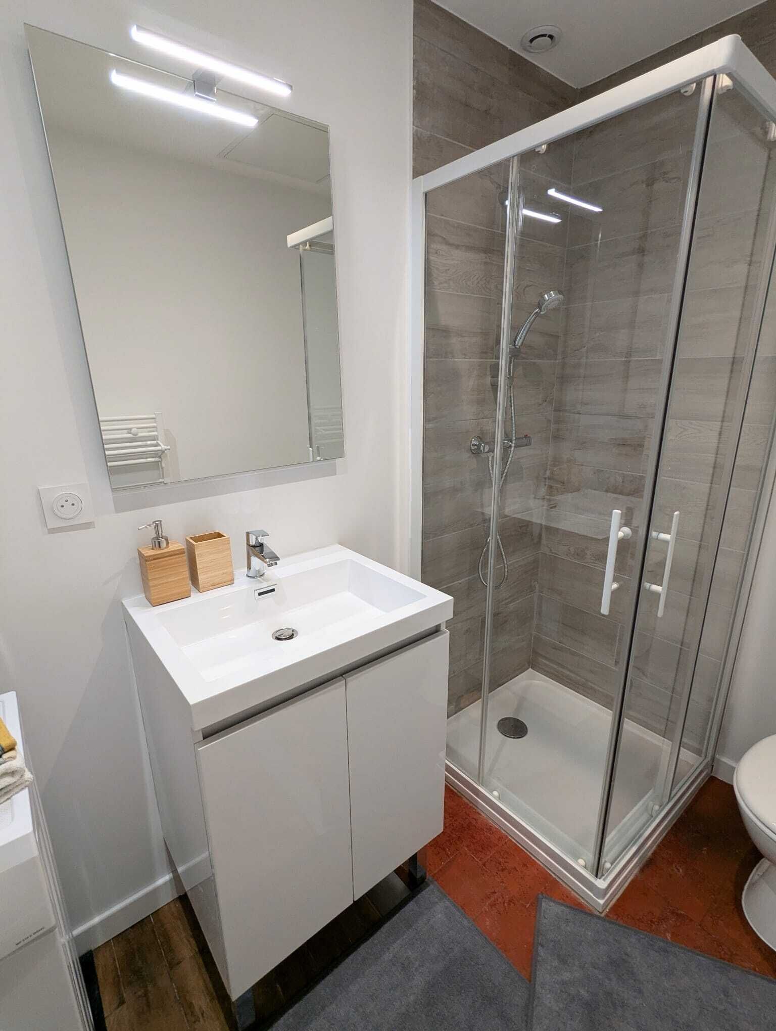 Secadora de cabello, toallas, jabón, papel de baño 