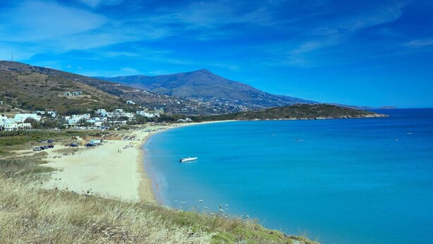 A coastal landscape with a beach, a mountain, and a small settlement. - Studio Apartment 'Irene Standard Double 10' with Sea View, Wi-Fi and Air Conditioning (Andros)