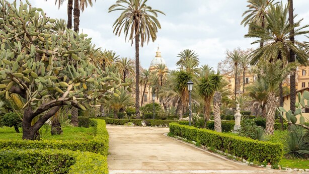 A pathway lined with cacti and palm trees, leading to a building with a dome. - Casa Vicolo San Giovanni Apartment with Private Terrace, Wi-Fi & Air Conditioning (Palermo)