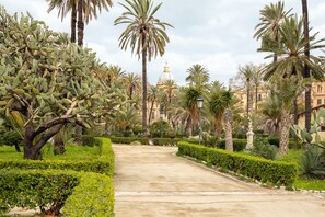 Un sentier bordé de cactus et de palmiers, qui mène à un bâtiment surmonté d’un dôme.