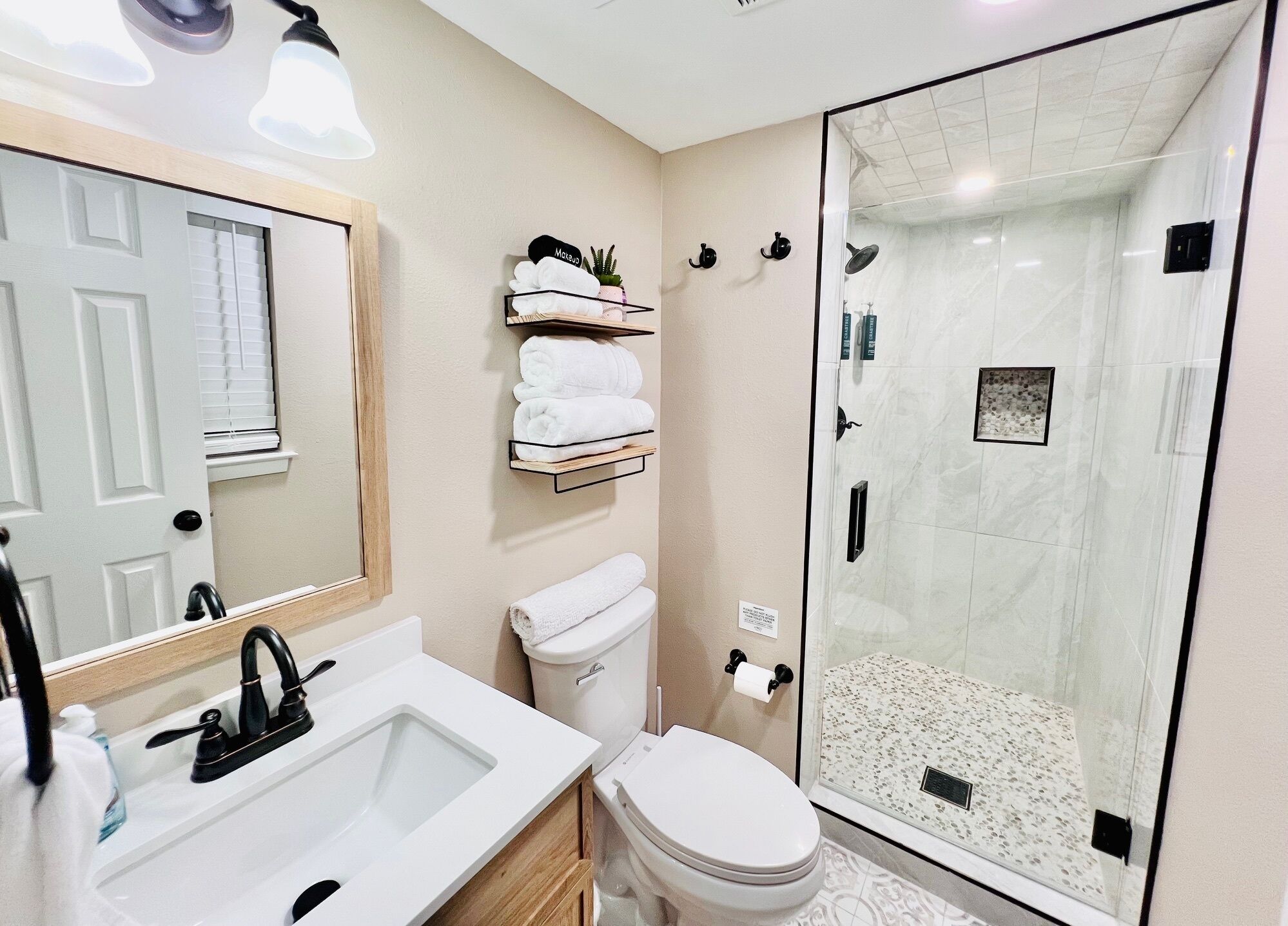 Hair dryer, towels, soap, shampoo