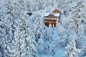 A lodge surrounded by snow-covered trees.